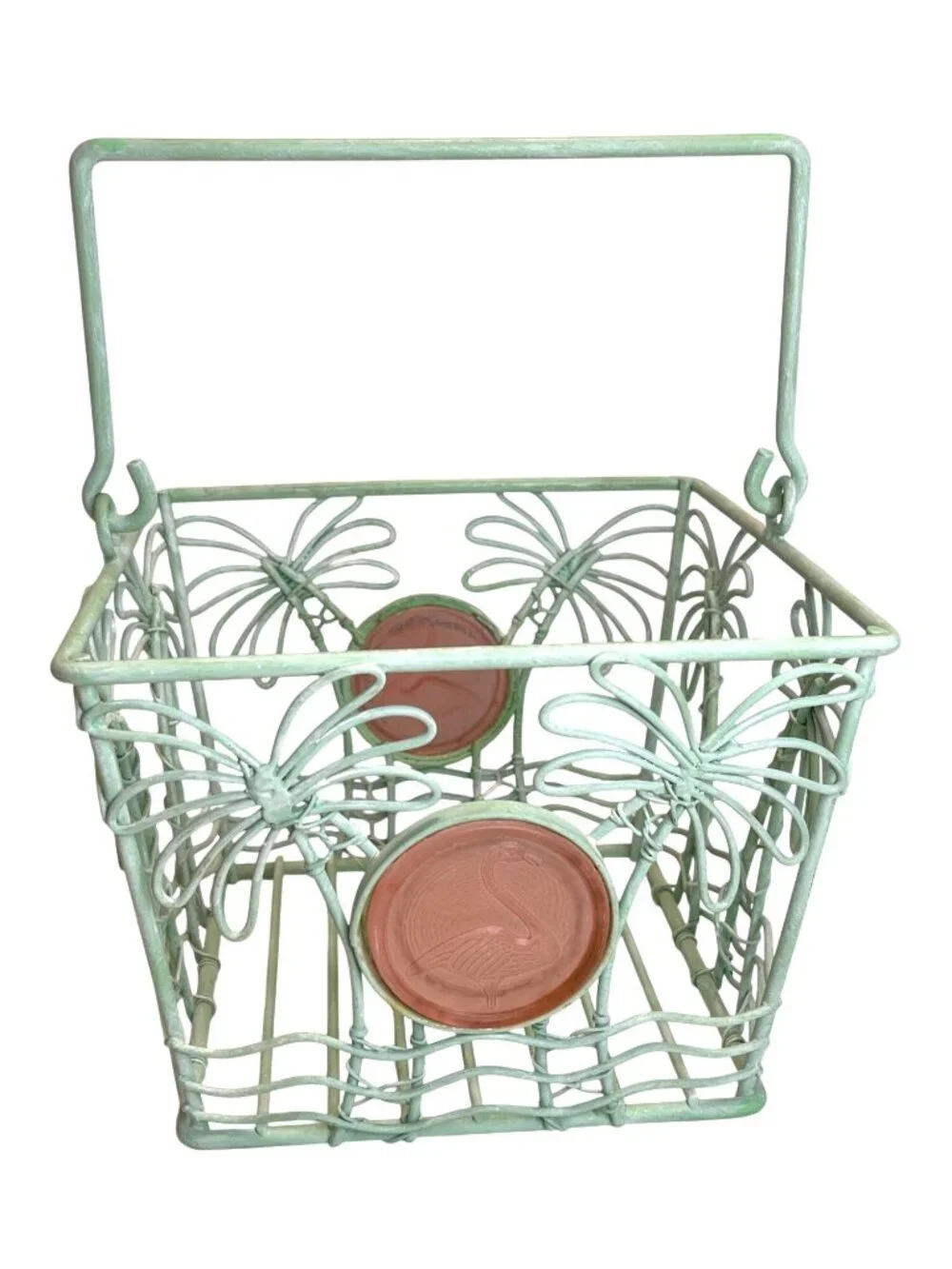 Metal Storage Basket Pink Flamingo Medallion Teal Green Palm Tree Wrought Iron